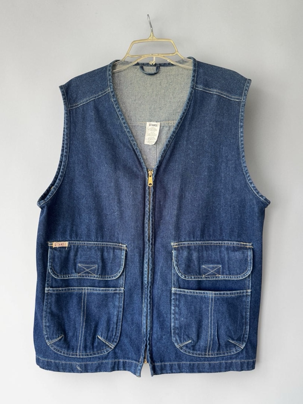 Vtg 80s Gitano Blue Denim Utility Vest Sz L Fisherman Style 90s